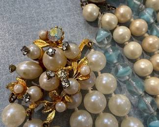 Vintage Multi-Strand Faux Pearl Necklace Set with Rhinestone Clasp
