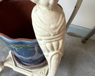 Figural Cast Metal Plant Stand with Majolica Bird Bath