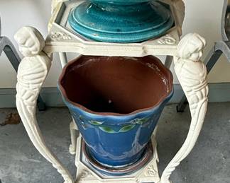Figural Cast Metal Plant Stand with Majolica Bird Bath
