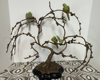 Bronze Parrots on Flowering Branch Sculpture