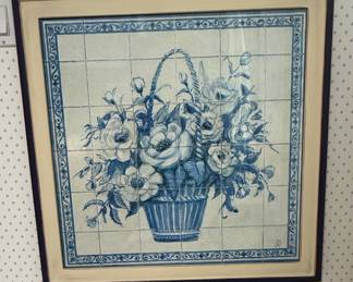 Blue & White Floral Basket Portuguese Tile Mural Style