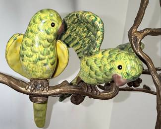 Bronze Parrots on Flowering Branch Sculpture