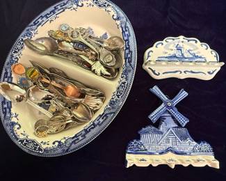 Delft Style Windmill Wall Pockets & Souvenir Spoon Lot