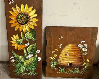 J. Weir Signed Sunflower and Beehive Wood Plaques