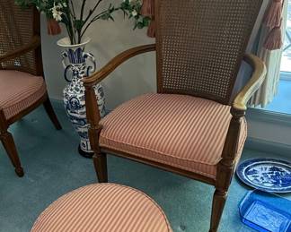French Provincial Cane Back Armchair Set with Ottoman