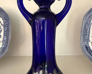 Cobalt Blue Glass Vase with Silver Overlay Floral Design