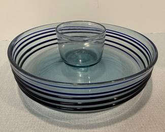 Mid-Century Style Blue Striped Glass Chip and Dip Set
