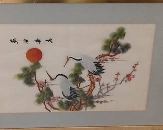 Japanese Silk Embroidery Crane and Pine Wall Art