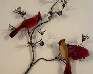 Bovano Style Cardinal on Pine Branch Metal Wall Art