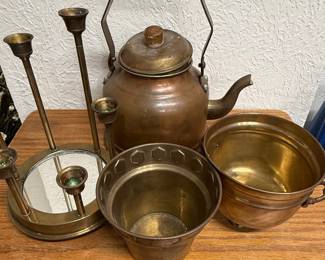 Vintage Copper Tea Kettle and Brass Planter Set