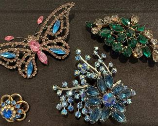 Mid-Century Rhinestone Butterfly & Floral Brooch Set