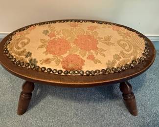 Oval Floral Needlepoint Footstool