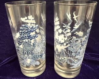 Currier and Ives Style Blue Willow Tumblers