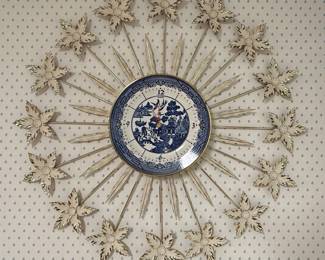 Mid-Century Blue Willow Sunburst Wall Clock