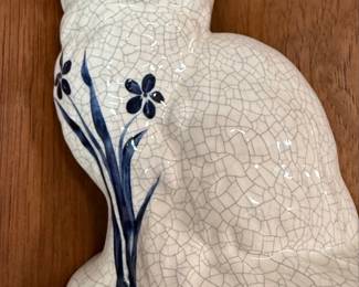 Takahashi Style Blue Floral Crackle Cat Figurine