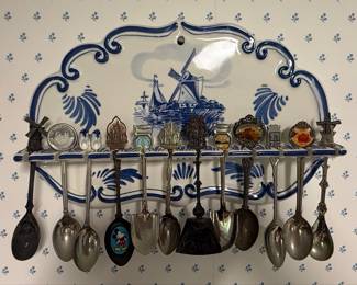 Delft Style Ceramic Spoon Rack with 12 Souvenir Spoons