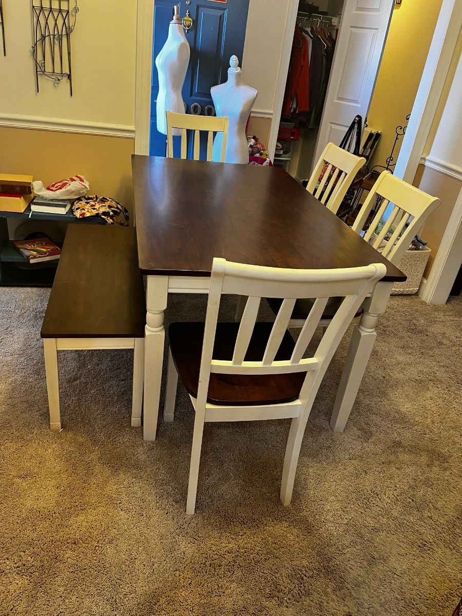 #001 Wood Table w/bench and 4 chairs w/wood and painted white chairs and table legs - 60x36x29 $150.00