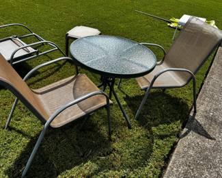 #074 Glass Top Patio Table 27x29 w/ 2 Chairs $65.00