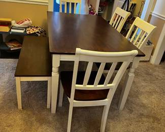 #001 Wood Table w/bench and 4 chairs w/wood and painted white chairs and table legs - 60x36x29 $150.00