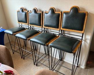 4-Leather & Wood, Metal Frame & Brass Tack-Detailed Bar Stools