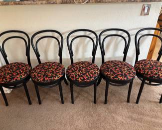 5-"Thonet-Style" Bentwood Chairs, Chili-Pepper Patterned Upholstery