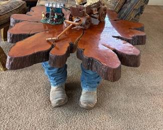 Wood "Leaf-Pattern" Table Top, Levis & Boot Legs