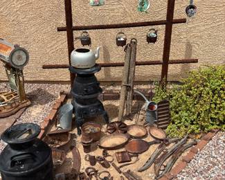 Vintage Primitive Farm Tools & Cast Iron Cookware