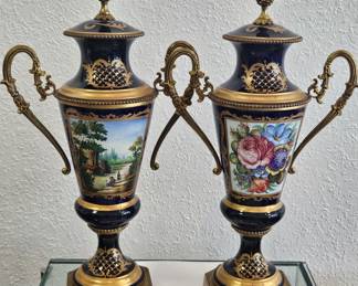 Sevres type urns 18in. hand painted $500 Pr.