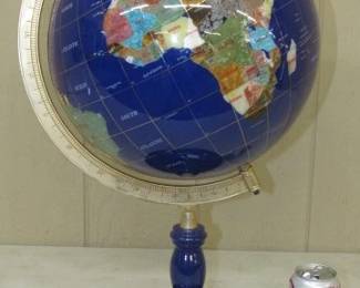 World Globe w/Lapis & Gemstones on Blue Enamel Base