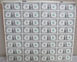 Uncut Sheet of $1.00 Notes