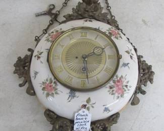 French Brass & Porcelain Clock w/Key