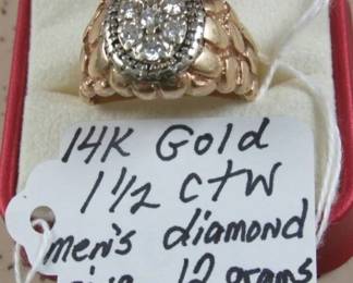 14K Gold 1 1/2 ctw Mens Diamond Ring - 12 Grams of Gold
