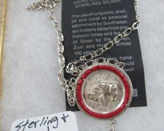 Sterling & Coral Buffalo Necklace
