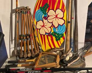 Vintage Sports Elan Skis Head Poles, Croquet Set, Tennis Rackets Bats, Gloves ,