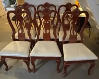 6 Vintage Queen Ann Style Dining Chairs Wood And Fabric Seat Plastic Covering