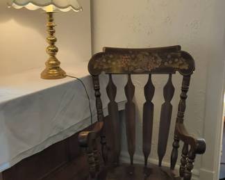 Wood Rocking Chair and Brass Lamp