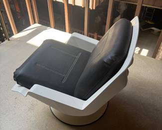 #34 - $1,800 Set of 2 Authentic Auriga white chairs with black upholstery - stamped Saporiti Italia Tasty chairs  -purchase sales ticket from Kaufmann furniture in 1971- damage at base 