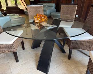 #9 -$400 -Round glass top table 54"x54" round with wood base  - slight damage on one leg