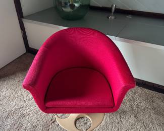 #30 - $500 - 1 molded fiberglass red chair with circular cut out design. 27Wx25Dx27H - upholstery has damage 