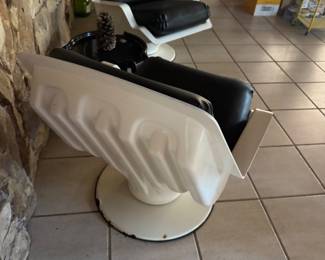 #35 - $1,800. -Set of 2 Authentic Auriga white chairs with black upholstery - stamped Saporiti Italia Tasty chairs - purchase sales ticket from Kaufmann furniture in 1971- damage at base 