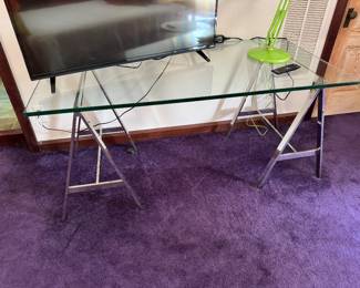 #19- $1,000-Vintage 1960's Italian glass office table with chrome sawhorse trestle bases 
