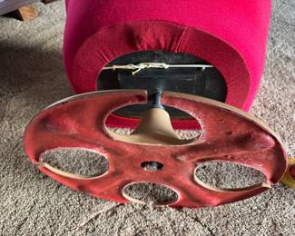 #30 - $500 - 1 molded fiberglass red chair with circular cut out design. 27Wx25Dx27H - upholstery has damage 