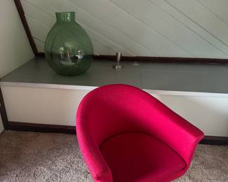 #30 - $500 - 1 molded fiberglass red chair with circular cut out design. 27Wx25Dx27H - upholstery has damage. 
