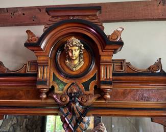 #8 - $1,850-Antique 1870's American Renaissance Revival mantle mirror 4'x5' with burled walnut wood frame.  Description