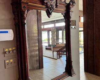 #8 - $1,850-Antique 1870's American Renaissance Revival mantle mirror 4'x5' with burled walnut wood frame.  Description
