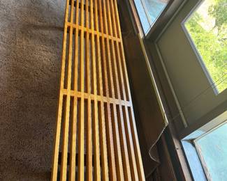 #31 - $1,000 - George Nelson slat bench / table is an early production by Herman Miller. Solid maple natural finish top and black wedge-shaped black legs - 6'L x 18 1/2 x 14 