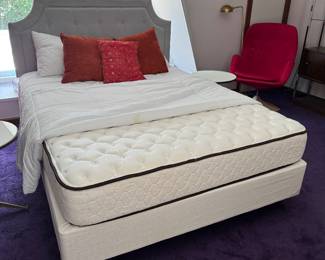 #20 - $425 - Queen size fabric grey headboard with mattress (guest bed use, looks new)