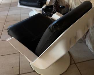 #35 - $1,800. -Set of 2 Authentic Auriga white chairs with black upholstery - stamped Saporiti Italia Tasty chairs - purchase sales ticket from Kaufmann furniture in 1971- damage at base 