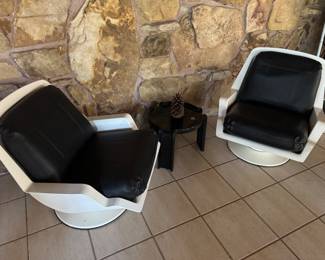 #35 - $1,800. -Set of 2 Authentic Auriga white chairs with black upholstery - stamped Saporiti Italia Tasty chairs - purchase sales ticket from Kaufmann furniture in 1971- damage at base 