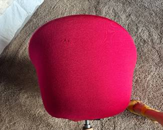 #30 - $500 - 1 molded fiberglass red chair with circular cut out design. 27Wx25Dx27H - upholstery has damage 
